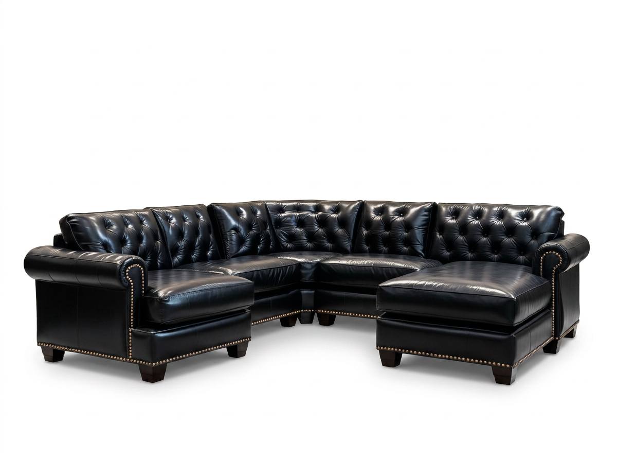 Black leather sectional with nailhead trim on a white studio backdrop