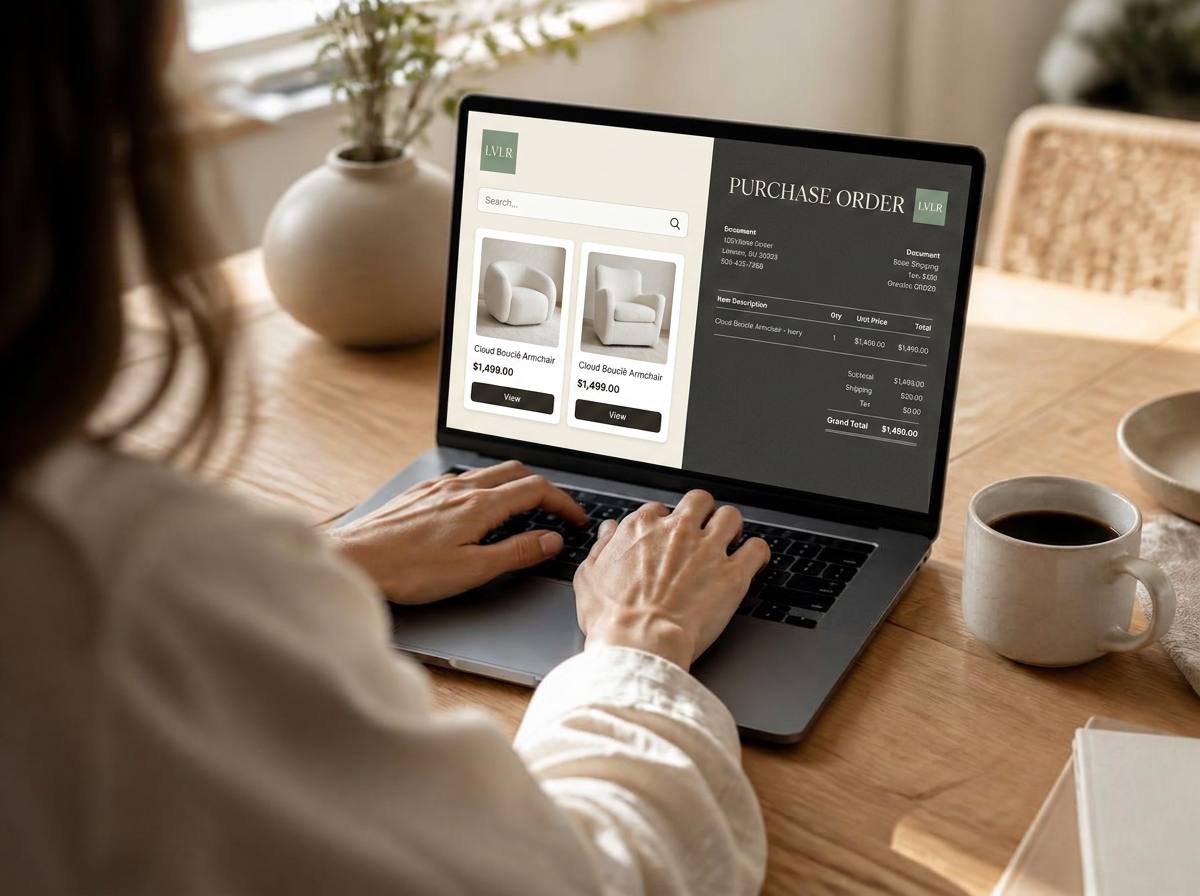 Designer searching the co-op catalog from her laptop