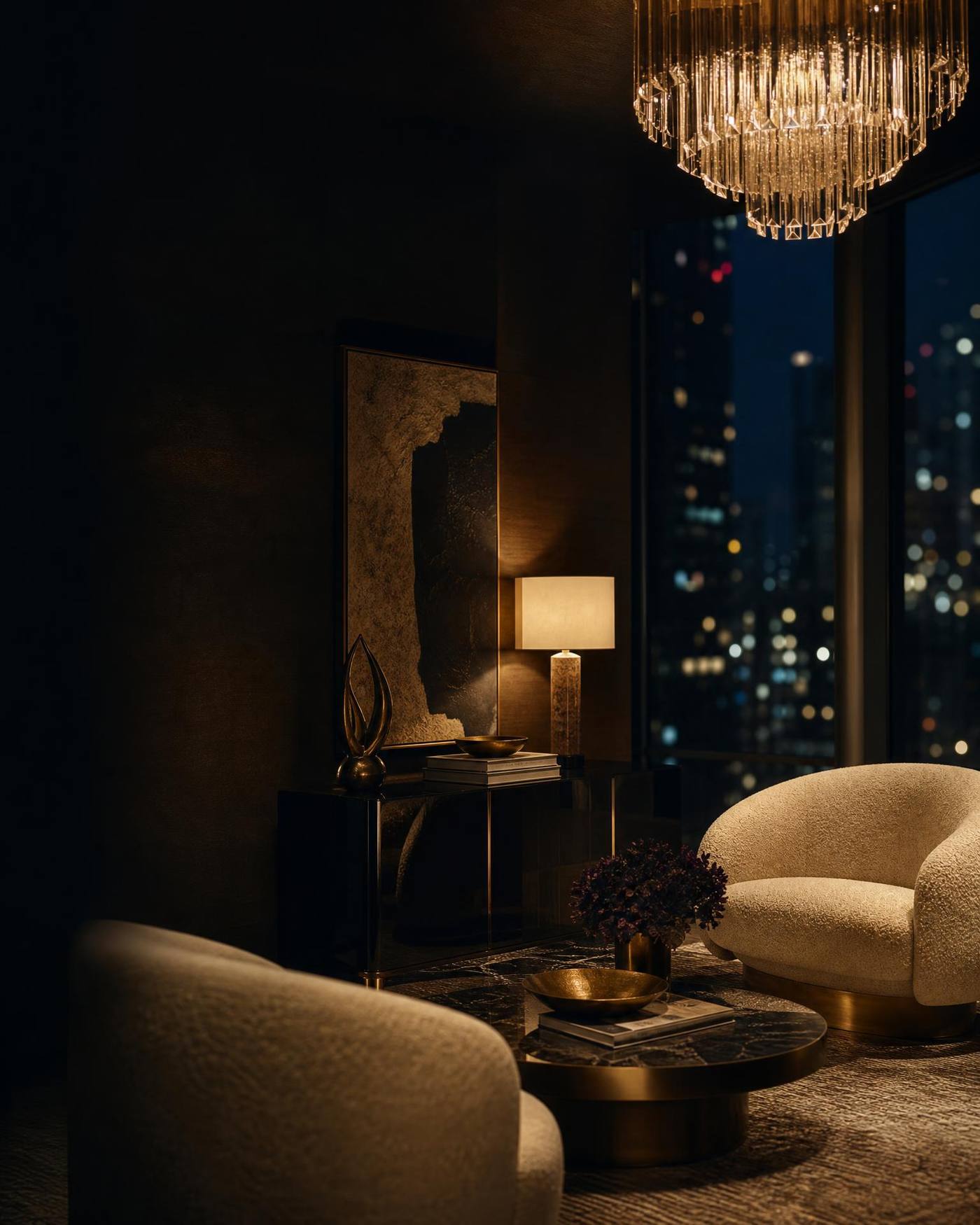 Lamp-lit luxury interior at night with a crystal chandelier, boucle chairs and a city skyline